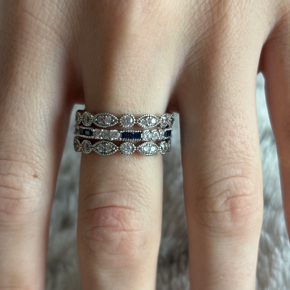 Three Sterling Silver CZ Stacking Rings Featuring Simulated Blue Sapphires SZ 8+